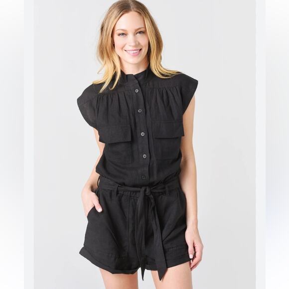 Frame Womens Black Linen Utility Romper Medium - Picture 1 of 10